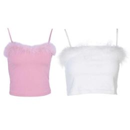 Womens Sexy Spaghetti Strap Feather Fluffy Plush Trim Crop Top Bandeau Camisole Pink White 2103122313