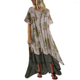 Casual Dresses Women Summer Print Patchwork Short Sleeve O-Neck Vintage Maxi Female Loose T Shirt