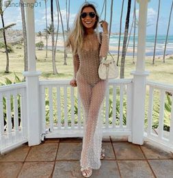 Yiiciovy Women's Bikini Cover-Ups Dress Ladies Long Sleeve Dress with Pearl Decoration See Through Mesh Sheer Pool Party Dresses L230619