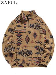 Men's Hoodies Sweatshirts Hoodie for Men Fuzzy Faux Sherpa Zipper Ethnic Print Fluffy Streetwear Pullover Fall Winter Turtleneck 230703