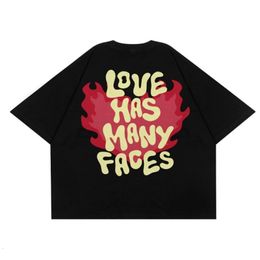 Men s T Shirts Flame Love Hip Hop European and American short sleeved T shirt summer brand loose round neck black couple 230703