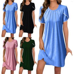 Casual Dresses Summer Fashion Ladies Round Neck Lace Short Sleeve Solid Colour Dress Tunic