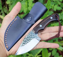 Promotion M7630 Survival Straight Knife 5Cr13Mov Satin Blade Full Tang Rosewood Handle Outdoor Camping Hiking Hunting Fixed Blade Knives with Leather Sheath