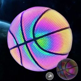 Balls Basketball Holographic Reflective Basketball Ball PU Leather Wear-Resistant Night Game Street Glowing Basketball 230703