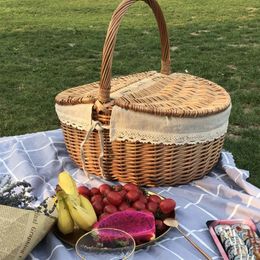 Baskets Rattan Outdoor Picnic Basket Country Style Hand Woven Hamper with Lid and Handle Quality Liners Food Fruit Storage Carry