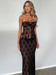 Suits Mozision Lace Print Sexy Dress Set Women Strapless Crop Top and Long Skirt Matching Sets Female Night Club Party Two Piece Set