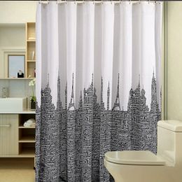 Letters Tower Shower Curtains Waterproof Bathroom Curtains White Black Polyester Fabric Bath Curtain with Hooks