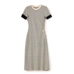 2023 Summer White Striped Print Dress Short Sleeve Round Neck Midi Casual Dresses W3L043804