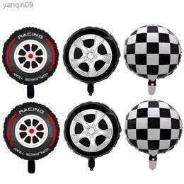 6pcs 18inch Black White Racing Car Foil Balloons Sport Events Round Helium Ballons Birthday Chequered Racing Theme Party Faovor L230626