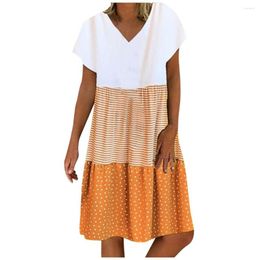 Casual Dresses Fashion Women Loose Stripe Dot Patchwork V-Neck Short Sleeves Dress Women'S For 2023 Evening