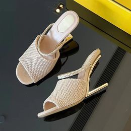 Pale yellow raffia high heeled sandals Woven metal shaped heels dress shoes Fashion carved slip sleeves open toe high heel slippers Luxury Designer women's shoes