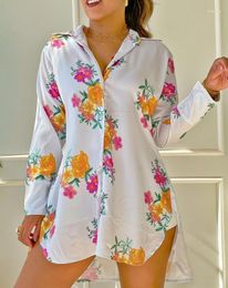 Casual Dresses Women's 2023 Summer Asymmetrical Floral Print Buttoned Turn-Down Collar Long Sleeve Daily Mini Shirt Dress