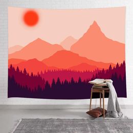 Tapestries Mountain Red Sun Tapestry Forest Trees Natural Landscape Wall Hanging Tapestry Beach Towel Room Aesthetic Decor Home Decor R230705