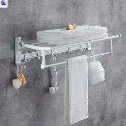 Set Aluminium Nail Free Foldable Towel Holder Bathroom Double Shelfs with Hooks Storage Hanger Rack Accessories Non Punchdrilling