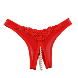 Women Sexy Pearl G String Transparent Thong Womens Underwear Lace Panties Crotchless Tanga Massage Thongs2293
