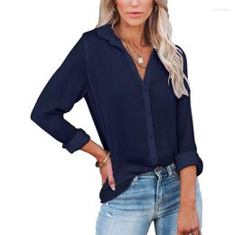 Women's T Shirts Women Button Up Lapel V-Neck Blouse Long Sleeve Solid Colour Tunic Top