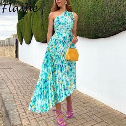 Basic Casual Dresses Elegant Dresses For Women Summer Floral Print One Shoulder Pleated Design Sexy Backless Long Dress Women Party Vestidos 230704