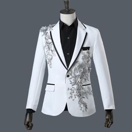 jacket pantsfashion Men suits groom wedding prom party black blue White slim costumes blazers Flower embroidery sequins Male Bla2646