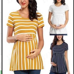 2023 New Digital Stripe Round Neck Short Sleeve Pregnant Women's T-shirt maternity dress breastfeeding Nursing