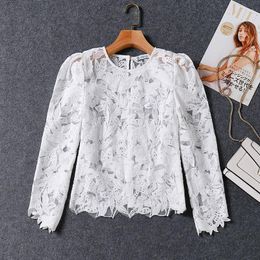 Women's Blouses Ladies Spring Lace Runway Women Sexy Hollow Out Crochet White Long Sleeve Chemise Embroidery Mesh Shirt Tops