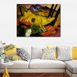 Landscape Abstract Canvas Art Yellow Cow Franz Marc Painting Handcrafted Exotic Decor for Tiki Bar