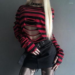 Women's T Shirts Harajuku Punk Style Crop Tops Dark Academia Striped Hollow Out Shirt Cyber Mall Goth Grunge E-girl Long Sleeve Tees Clothes