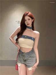 Women's Tracksuits Sexy Girl 2023 Spring Summer 2 Piece Sets Outfits Fashion Halter Choker Tube Top Camis&High Waist Denim Shorts Jeans