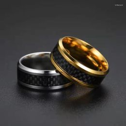 Wedding Rings Fashion 8mm Gold Colour Titanium Stainless Steel Men Inlaid Black Carbon Fibre Promise For Women Jewellery