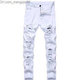 Men's Jeans Mens White Black Distressed Holes Skinny Jeans Full Length Denim Pants Street Style Trousers Wholesale Z230711