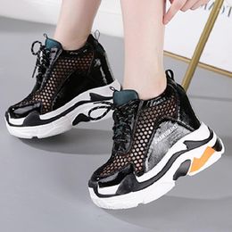 Dress Shoes Summer Fashion Height Increasing Platform Cut-outs Cross-tied Mesh Genuine Leather Women Pumps Ladies Casual Sneakers 2203