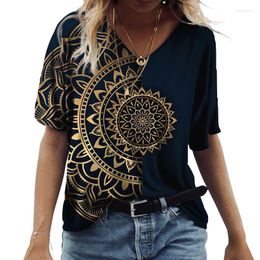 Women's T Shirts 2023 Summer 5XL Vintage Casual Black Fashion V Neck Pullover Short Sleeve Printed Loose Daily Tops Design Clothe