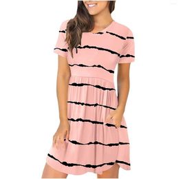 Casual Dresses Striped Patchwork Dress Simple T Shirt Loose Short Sleeve Plead Swing With Pockets Knee Cotton Linen Vestidos