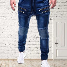 Jeans Men Casual Men Zipper Drawstring Pockets Running Skinny Pants Jeans Jogger Trousers Blue Jeans Man Jens Men Fashions Blue X0326V