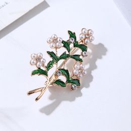 Brooches Enamel Green Leaves Rhinestone For Woman Wedding Party Pearl Tree Plant Pin Sweater Hat Clothing Corsage Daily Jewellery