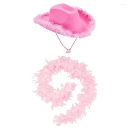 Berets Pink Feather Cowboy Hat With Fluffy Boas Women Western Cowgirl Costume Boa For Bachelorette Party