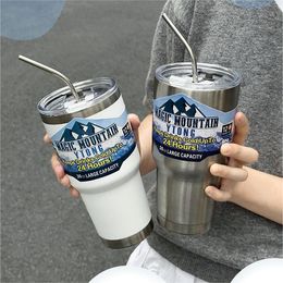 Summer Double Water 304 Stainless Steel Coffee Car Large Capacity Thermal Insulation Straw Thermos Cup