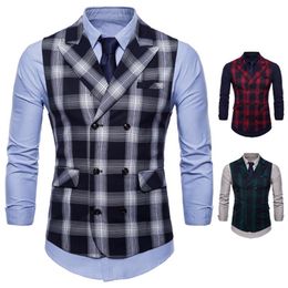 Mens Plaid Business Suit Vest Men Cotton Cardigan Slim Vest For Male Black Red Green Spring M-4XL257w