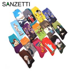 Whole- SANZETTI 5 pair lot Combed Cotton Colourful Gogh Retro Oil Painting Men Socks cool casual Dress Funny party dress crew S269a