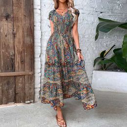 Casual Dresses Women Vintage Print Long Dress Summer Elegant V Neck Elastic Waist Maxi Dresses 2023 Holiday Bohe Sexy Short Sleeve A-line Robe J230705