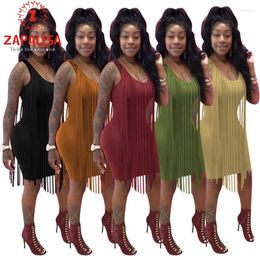 Casual Dresses Night Club Style Solid Color Pencil Dress For Women Patchwork Design Tassel Decor O-Neck Sleeveless High Waist Slim Hips