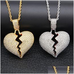 Pendant Necklaces Iced Out Broken Love Heart Mens Bling Crystal Rhinestone Charm Gold Sier Twisted Chain For Women Hip Hop Drop Deli Dh6N4