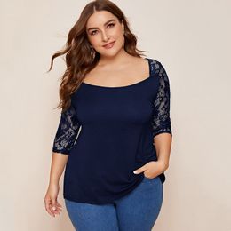 Women's Plus Size TShirt Sexy Elegant Fashion Lace Top Women Half Sleeve Solid Blue Summer Spring Sheath Aline Tshirt Blouse 5XL 6XL 7XL 8XL 230705