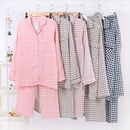 Women's Sleepwear Cotton Women Pajamas Sets Plaid Homewear Suit With Pocket Long Sleeve Femme Pijama Button Top Pants Pyjama Muje