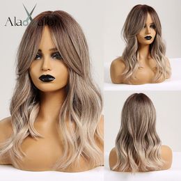 Synthetic Alan Synthetic Hair Ombre Brown Light Grey Blond Hair Medium Wave Suitable for Black Women Heat-resistant Fibre Daily 230704