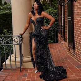 Party Dresses Black Sequined Strapless Prom Sexy Sweetheart Feather High Split Mermaid Evening Gowns South African Dress Robe