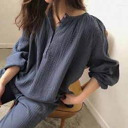 Women's Sleepwear Spring Autumn Breathable Women Red Blue Pajamas Set Long Sleeve Contton Linen Loose Sweet Drawstring Pants Sets