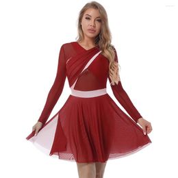 Stage Wear Women Ballet Tutu Dress Long Sleeves Gymnastics Workout Dancewear Sheer Mesh V Neck Dresses For Lyrical Dance Costumes