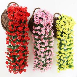 Decorative Flowers Hanging Wall Artificial Silk Violet Orchid Flower Rattan Plant Basket Outdoor Fake For Home Decor