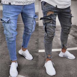 Men's Jeans Mens Ripped Jeans Biker Streetwear Blue Denim Pants Slim Long Trousers Pencil Pants Jeans Male Distressed Hip Hop Jeans Z230711