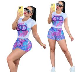 Running Womens Sportswear Two Piece Set Designer Tracksuits Summer Cartoon Beauty Print Outfits Casual T Shirt Shorts Jogger Sport Suit Fashion Clothing